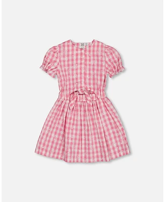 Deux par Big Girls Puff Sleeve Dress With Waist Tie Pink And White Checks