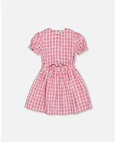 Deux par Big Girls Puff Sleeve Dress With Waist Tie Pink And White Checks