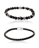 Lucky Brand Matte Black Onyx, Snowflake Obsidian Stretch Bead & Magnetic Cord Bracelet Set - 2 Piece