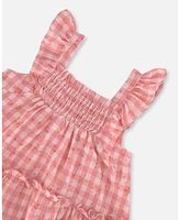 Deux par Baby Girls Smocked Layered Dress With Frill Sleeve Checked Pink