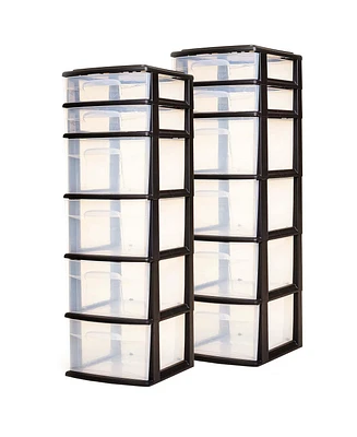 Homz Plastic 6 Clear Drawer Home Storage Container Tower, Black/Clear (2 Pack)