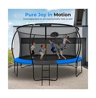 SereneLife 14ft Pumpkin Trampoline with Inner Enclosure, Ladder, and Basketball Hoop for Kids (Blue