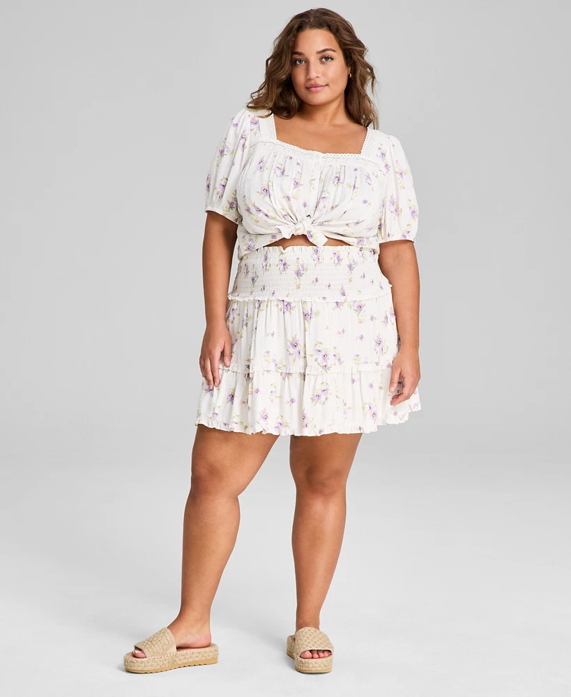 And Now This Plus Smocked-Waist Floral-Print Mini Skirt, Exclusively at Macy's