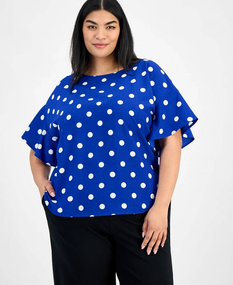 Anne Klein Plus Printed Flutter-Sleeve Blouse