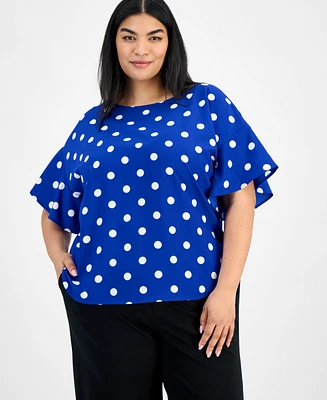 Anne Klein Plus Printed Flutter-Sleeve Blouse
