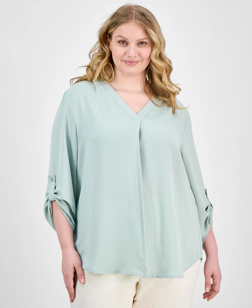 Ak Anne Klein Plus Size V-Neck Pleat-Front Blouse