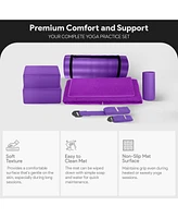 BalanceFrom Fitness 7 Piece Yoga Set with Mat, Stretch Strap, & Knee Pad, Purple