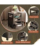 Wlive Farmhouse Nightstand, End Table with Charging Station, Bedroom Wooden Night Stand with 2 Storage Drawers, Side Table with Usb Ports and Outlets,