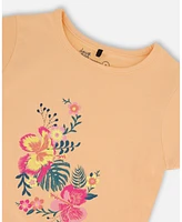 Deux par Big Girls Organic Cotton Tee Light Orange And Flowers