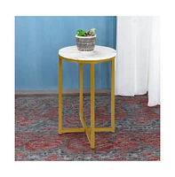 Slickblue Round Cross Leg Design Coffee Side Table Nightstand with Faux Marble Top