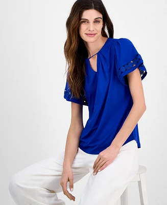 Anne Klein Women's Harmony Keyhole-Neck Flutter-Sleeve Top