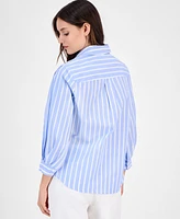 Anne Klein Women's Cotton Poplin Striped 3/4-Sleeve Blouse