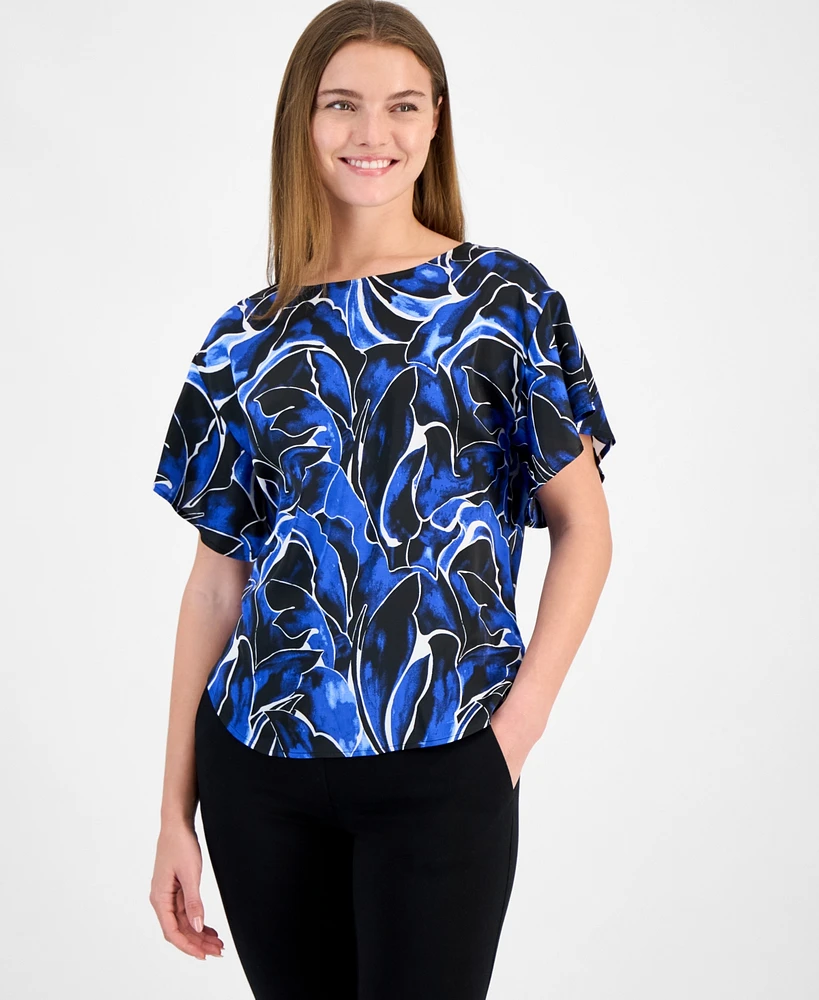 Anne Klein Women's Printed Flutter-Sleeve Boat-Neck Blouse