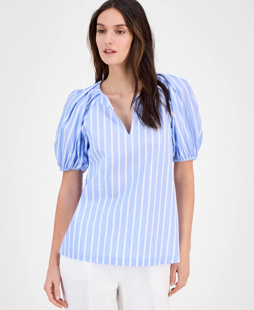 Anne Klein Women's Cotton Poplin Striped Puff-Sleeve Blouse