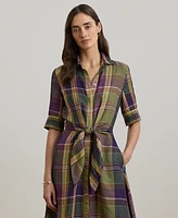 Lauren Ralph Petite Plaid Tie-Front Linen Shirtdress