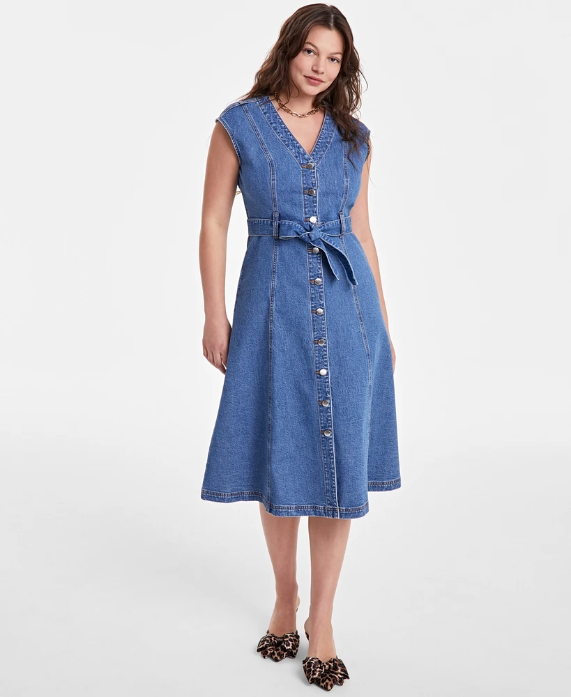 On 34th Women's Sleeveless Belted Denim Midi Dress, Exclusively at Macy's