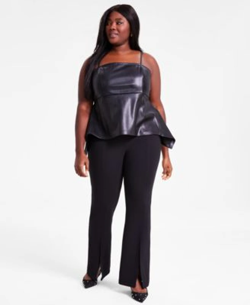 Bar Iii Trendy Plus Size Faux Leather Peplum Top Pull On Slit Hem Pants Exclusively At Macys