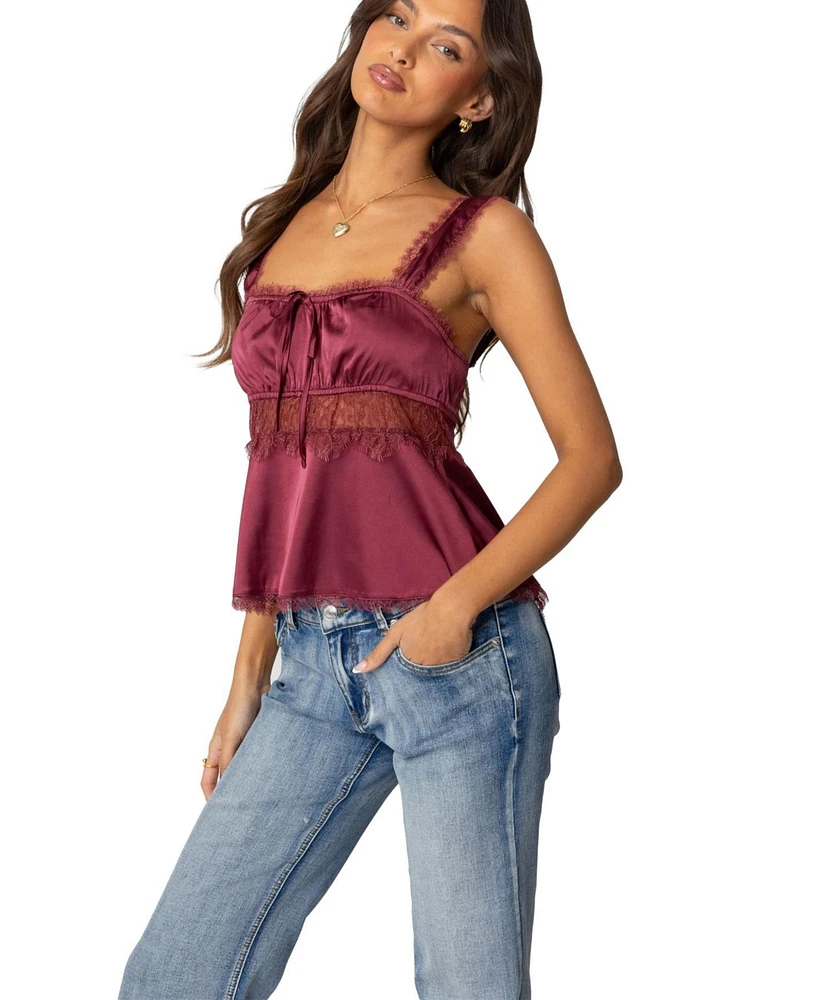 Edikted Women's Loryn Lacey Satin Effect Top