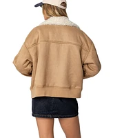Edikted Womens Faux Suede Shearling Bomber Jacket