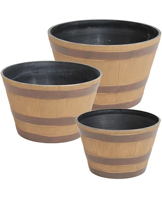 Set of 3 Resin Rustic Cask Outdoor Planter - Modern Decorative Planters - 13", 15", and 17" Plant Pot Set