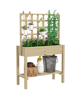 Outsunny Wooden Raised Planter with Trellis, Garden Box with Storage Shelf