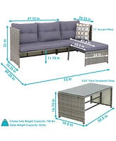 Longford Outdoor Patio Sectional Sofa Set - Backyard Brown Rattan Wicker Chaise Lounge Furniture with Coffee Table and Thick Cushions