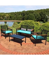 Coachford 4-Piece Patio Conversation Furniture Set - 1 Loveseat, 2 Chairs and 1 Coffee Table - Thick Red Cushions