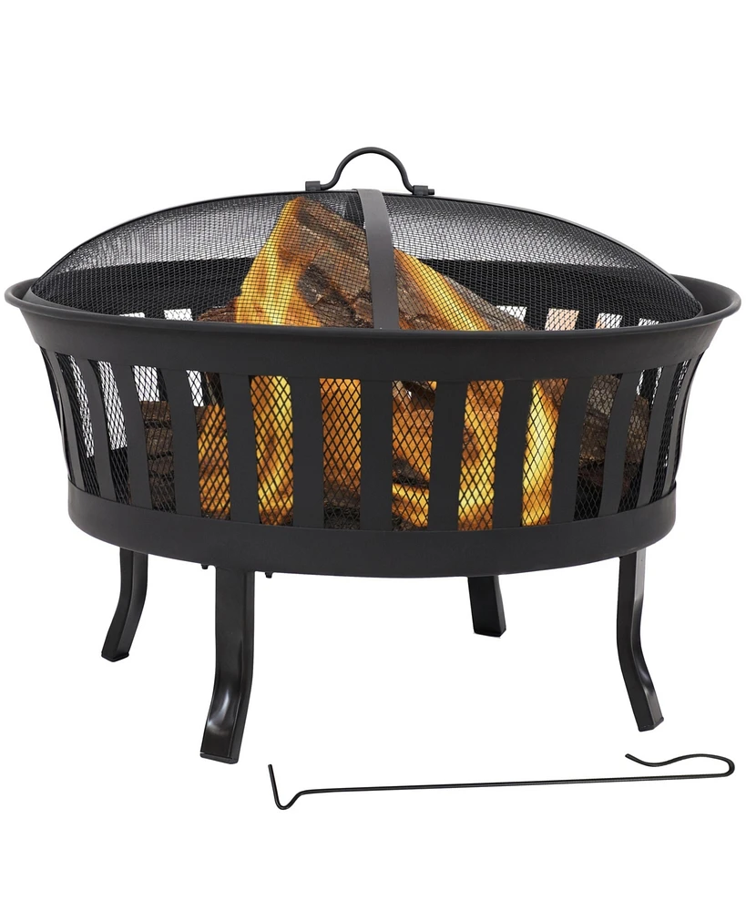 Sunnydaze Decor 25-Inch Steel Wood-Burning Fire Pit with Mesh Stripe Cutouts - Includes Poker and Spark Screen