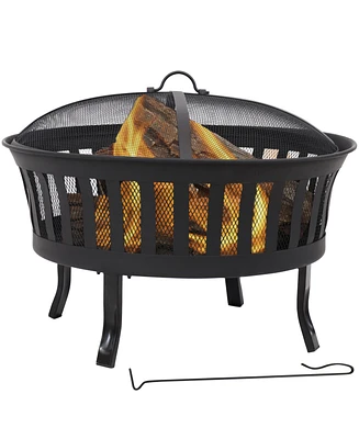 25-Inch Steel Wood-Burning Fire Pit with Mesh Stripe Cutouts - Includes Poker and Spark Screen