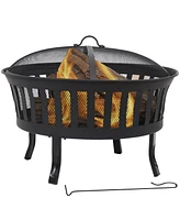 Sunnydaze Decor 25-Inch Steel Wood-Burning Fire Pit with Mesh Stripe Cutouts - Includes Poker and Spark Screen