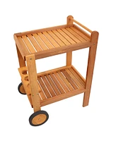 Sunnydaze Decor Outdoor Wood Bar Cart with Wheels - Malaysian Hardwood with Teak Oil Finish - 27.5" Wide x 35.5" High