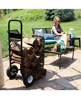 Sunnydaze Decor Outdoor Firewood Log Cart with Pneumatic Tires - Black Steel Rolling Wood Carrier