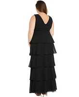 R & M Richards Plus Tiered High-Slit Sleeveless Dress