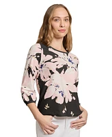 Jones New York Petite Floral-Print 3/4-Sleeve Top