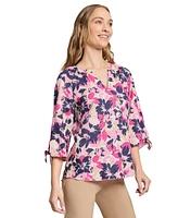 Jones New York Petite Split-Neck Tie-Cuff Floral-Print Top