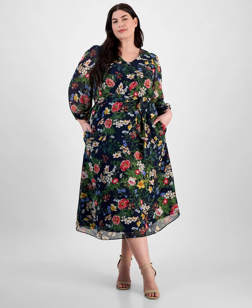 Anne Klein Plus Printed Blouson-Sleeve Midi Dress