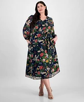 Anne Klein Plus Printed Blouson-Sleeve Midi Dress