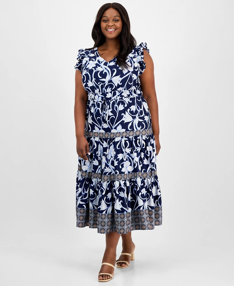 Anne Klein Plus Mixed-Print Tiered Maxi Dress