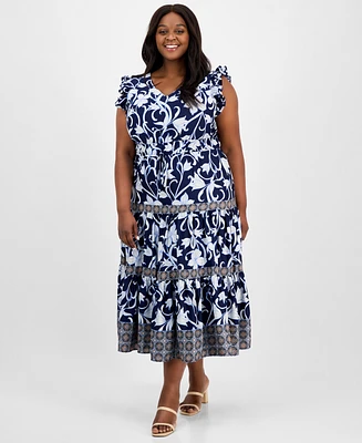 Anne Klein Plus Mixed-Print Tiered Maxi Dress