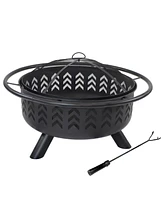 Sunnydaze Decor Arrow Motif 36-Inch Round Wood-Burning Fire Pit for Outside - Includes Spark Screen, Built-In Grate, and Cover - Black