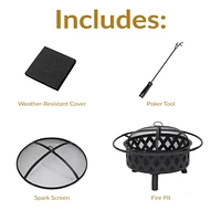 Crossweave Outdoor Fire Pit - Wood-Burning for Outside with Spark Screen, Poker and Round Cover 30-Inch Black