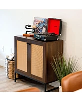 2-Door Rattan Storage Cabinet - Sideboard Buffet with Adjustable Shelf and Doors Light Oak Wood Look