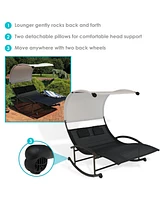 Outdoor Double Chaise Rocking Lounge Chair with Canopy and Headrest Pillows - Black and White with Powder-Coated Frame