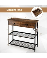 Gouun Narrow Console Table with 2 Drawers and 2 Metal Mesh Shelves