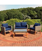 Sunnydaze Decor Clifdon 4-Piece Resin Gray Rattan and Acacia Patio Furniture Set - Thick Navy Blue Back and Seat Cushions