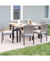 Sunnydaze Decor Carlow 7-Piece Rattan and Acacia Outdoor Dining Set - 1 Table and 6 Chairs with Seat Cushions - Stone Gray