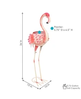 36-Inch Pink Flamingo Outdoor Statue with Flowerpot - Yard Art, Lawn and Garden Sculpture Decor - 5-Inch Planter - Set of 2