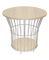 Sunnydaze Decor 17.25-Inch H Modern Pedestal Wire Side Table with Faux Woodgrain Pull-Open Tabletop - Cream