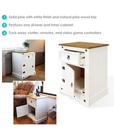 Sunnydaze Decor Solid Pine White Nightstand with Drawer and Door - Zinc Alloy Hardware Included - Farmhouse Living Room Side Table with Storage