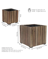 Indoor/Outdoor Wooden Planter Boxes - 2 Acacia Wood Square Plant Pots with Plastic Liners Light Brown Stain